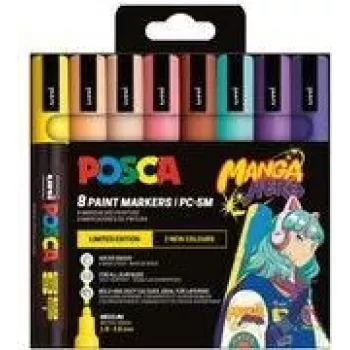 POSCA PC-5M set pennarelli pigmentati, 8 colori, Manga Hero, punta tonda media, resistente all'acqua, alla luce, inodore PC5M/8APF ASS74