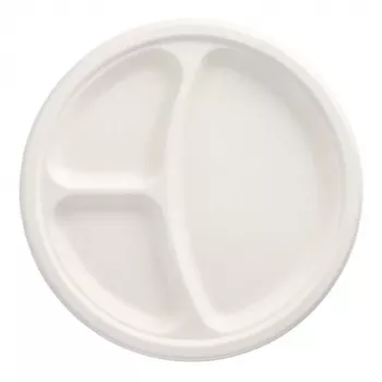PAPSTAR pure Piatto in canna da zucchero, rotondo, 260 mm, 3 scomparti, compostabile, adatto al microonde, 1 pezzo 89739
