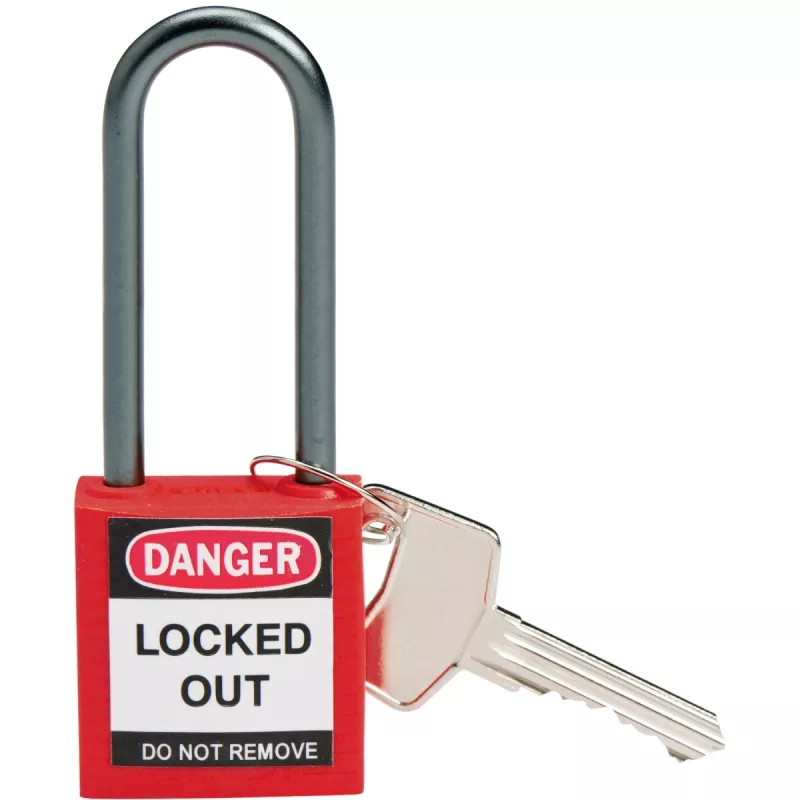 Brady lucchetto di sicurezza compatto in nylon rosso, altezza archetto 50 mm, archetto in alluminio 4,7 mm, chiave non unica? No, chiavi diverse, confezione da 6 (814136)