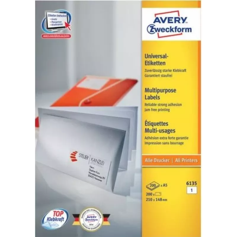 Avery 6135 etichette adesive permanenti in carta bianca A4 210 x 148 mm 200 etichette