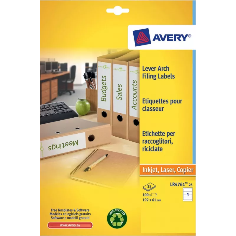 Avery LR4761-25 etichette per fascicoli bianche 61 x 192 mm 100 etichette (25 fogli x 4)