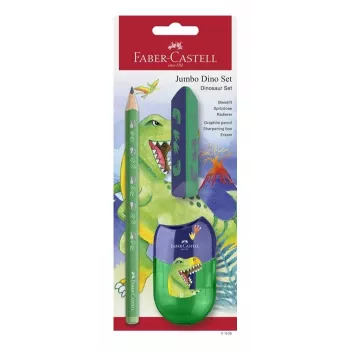 Faber-Castell Dino Jumbo set di scrittura, verde, 3 penne, mina 3 mm, ergonomico triangolare, infrangibile, da 3 anni 111529
