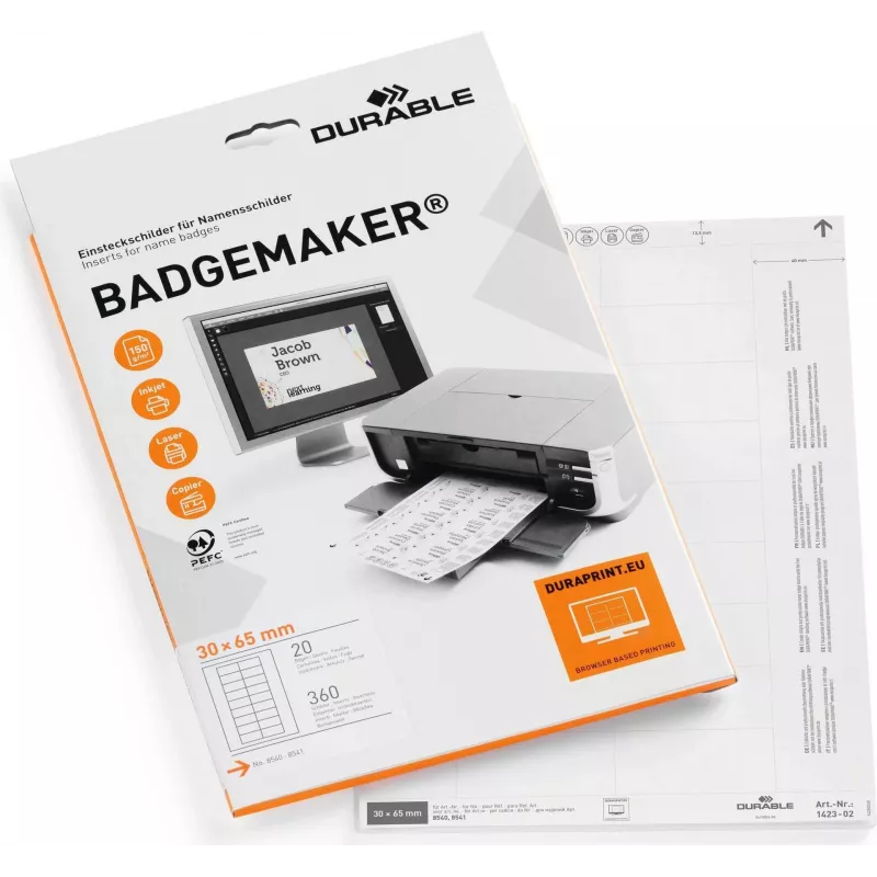 DURABLE BADGEMAKER etichette inserto 30 x 65 mm, bianco, 100 inserti (20 fogli da 5) 142302