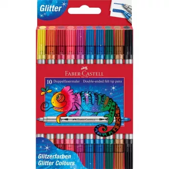 FABER-CASTELL Pennarelli a doppia punta glitter, 10 colori diversi, lavabili, punte 3-5 mm e 1 mm 151107