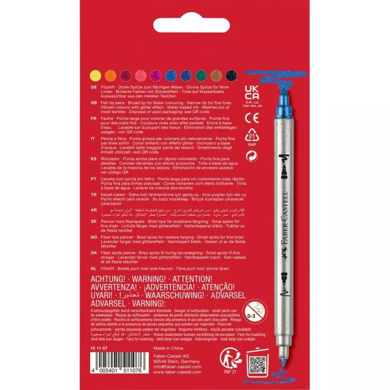 FABER-CASTELL Pennarelli a doppia punta glitter, 10 colori diversi, lavabili, punte 3-5 mm e 1 mm 151107