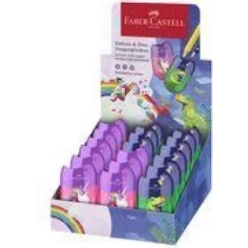 FABER-CASTELL Temperino doppio Box Dino/Unicorno, display con contenitore trucioli per una tempera facile e pulita, 18 pezzi (183551)