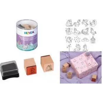 HEYDA set timbri motivo unicorni, 15 timbri trasparenti in scatola rotonda 204888439