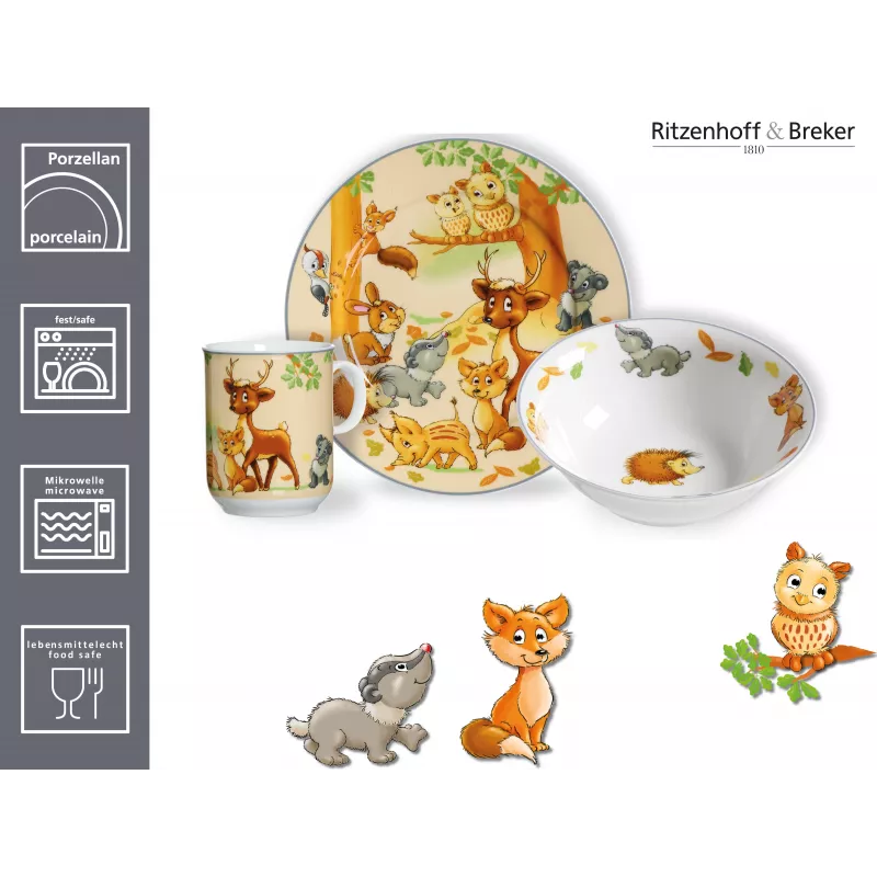 Ritzenhoff & Breker set di stoviglie per bambini animali del bosco, 3 pezzi (422412)
