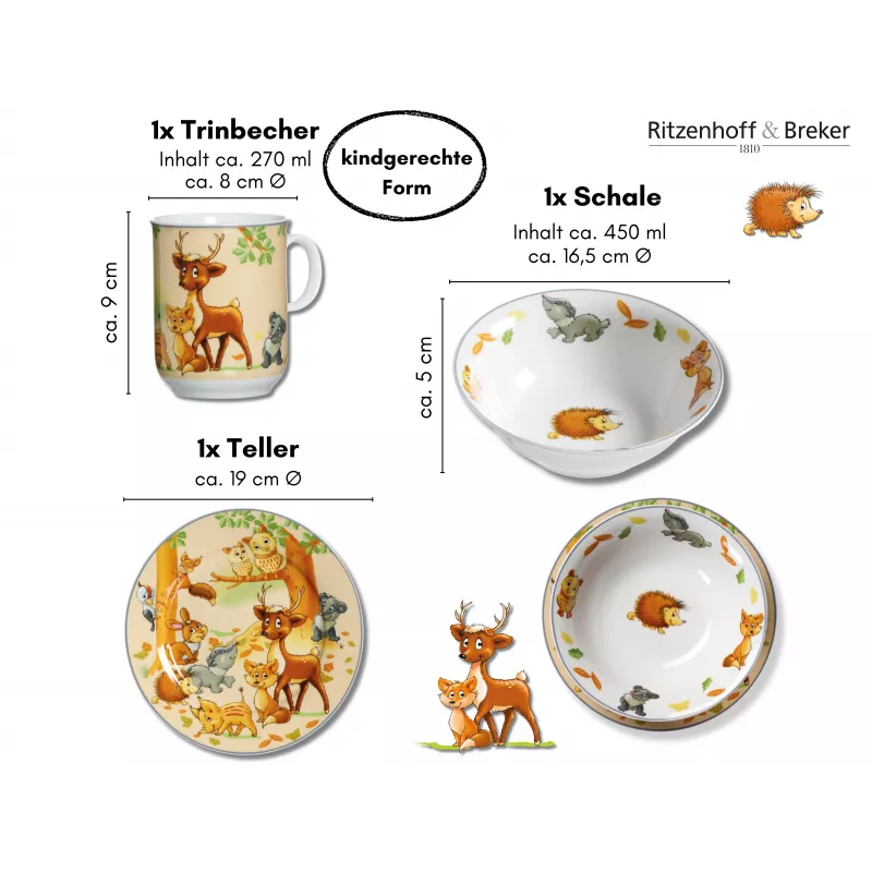 Ritzenhoff & Breker set di stoviglie per bambini animali del bosco, 3 pezzi (422412)
