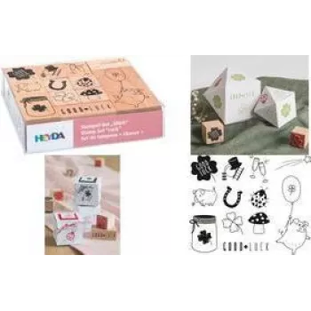 HEYDA set di timbri a motivo fortuna, scatola trasparente, timbri in legno, varie dimensioni e design, 1 set (204888666)