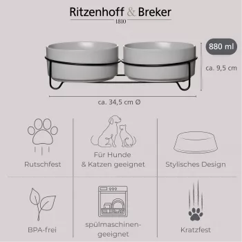 Ritzenhoff & Breker TARO Set doppia ciotola per cani, 880 ml, gres grigio con supporto in metallo nero 450521