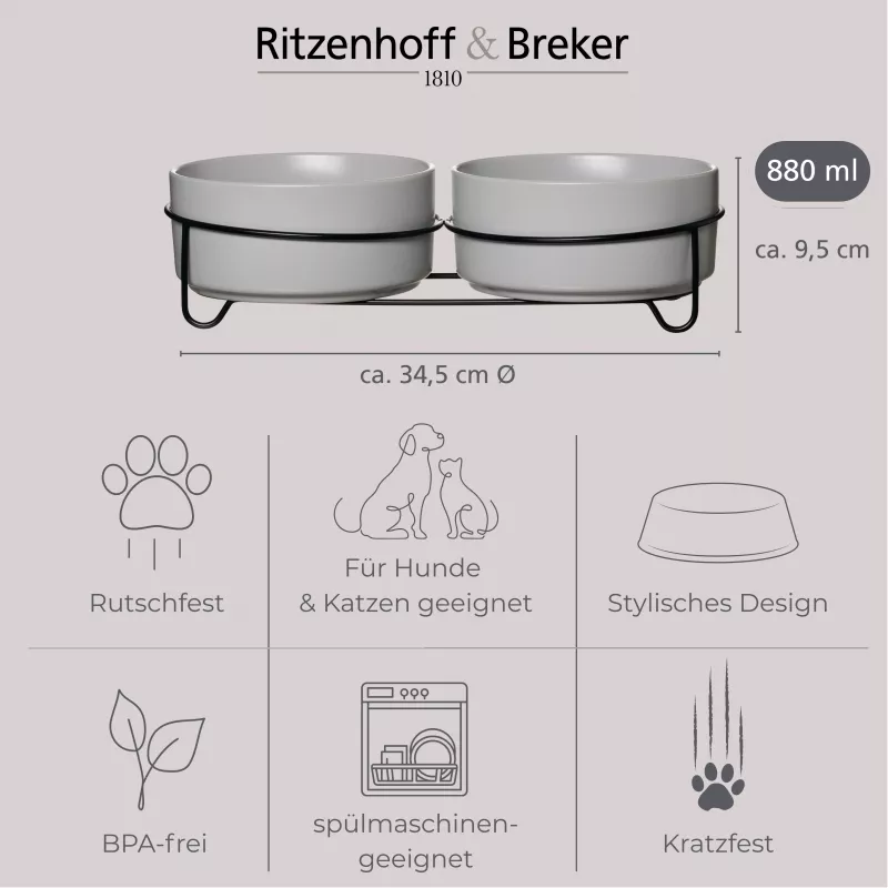 Ritzenhoff & Breker TARO Set doppia ciotola per cani, 880 ml, gres grigio con supporto in metallo nero 450521