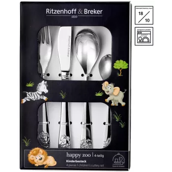 Ritzenhoff & Breker HAPPY ZOO Set posate per bambini, 4 pezzi, acciaio inox, motivi animali 812701