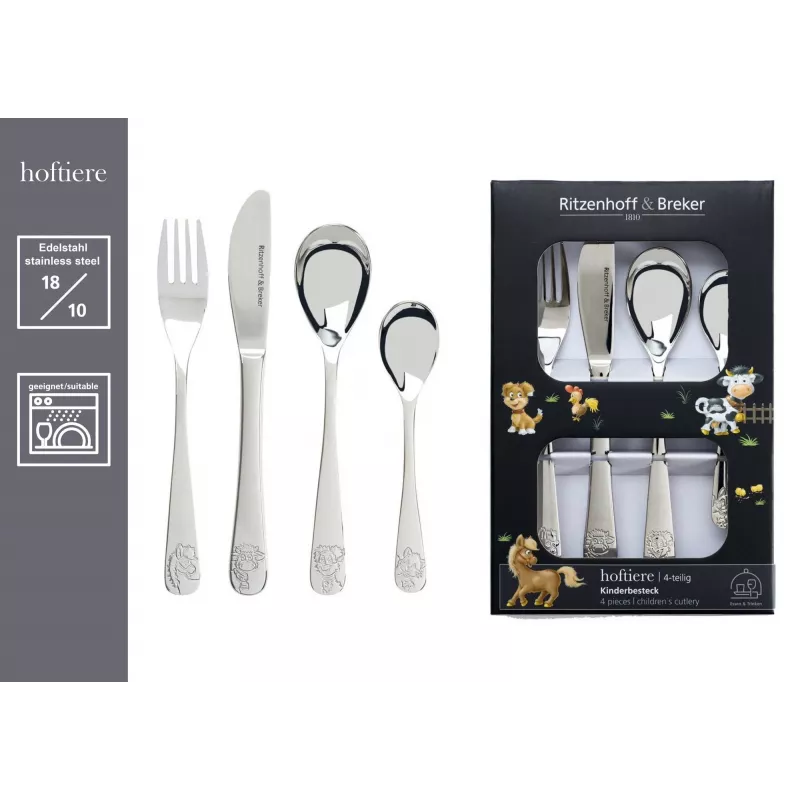 Set posate per bambini Ritzenhoff & Breker HOFTIERE, 4 pezzi, acciaio inox con motivi animali della fattoria 819144