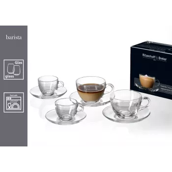 Ritzenhoff & Breker BARISTA set cappuccino, 4 pezzi, vetro trasparente, tazze 220 ml, lavabili in lavastoviglie 822021