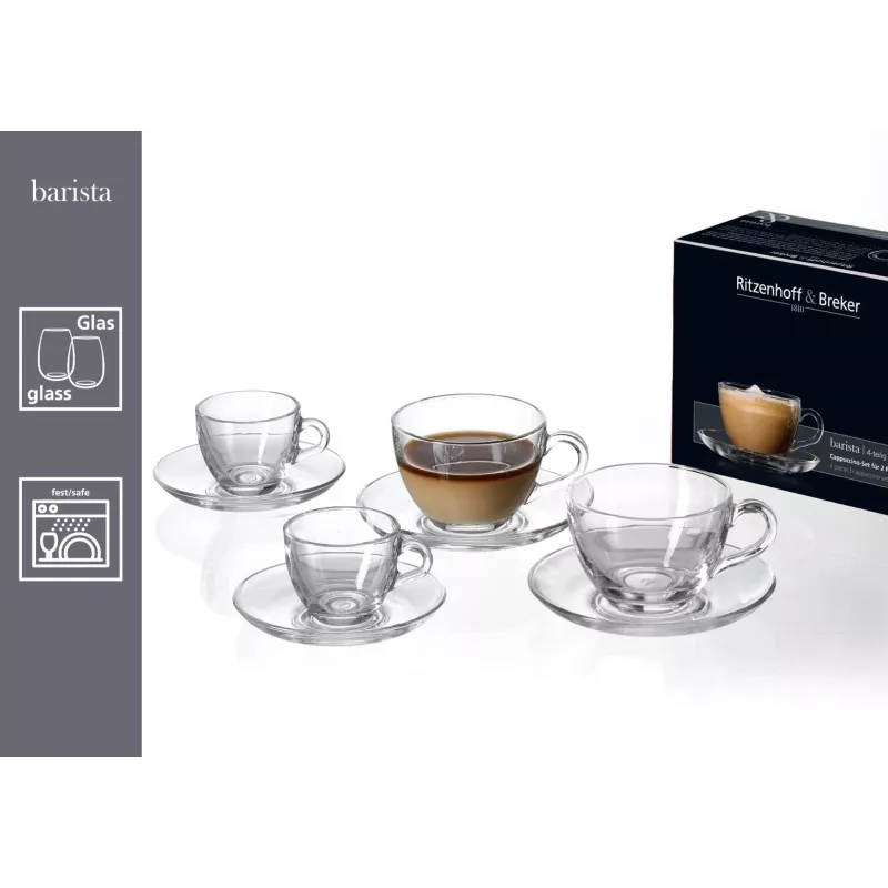 Ritzenhoff & Breker BARISTA set cappuccino, 4 pezzi, vetro trasparente, tazze 220 ml, lavabili in lavastoviglie 822021
