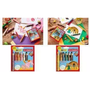 STABILO woody 3 in 1 matita multitalento, set da 6 in astuccio rotondo Tiger, matita colorata, acquerello e pastello a cera in uno EO8806-4-2
