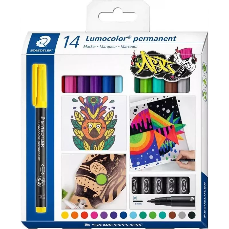 Staedtler Lumocolor set pennarelli permanenti 317 C14 - 14 colori diversi, punta fine 0,6 mm