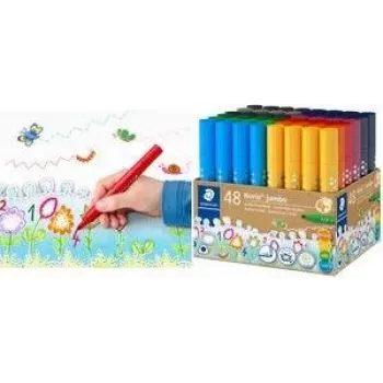 STAEDTLER Noris Jumbo 328-B KP48 pennarelli, 48 colori assortiti, punta in fibra 3,0 mm, forma triangolare, inchiostro lavabile, cappuccio ventilato, bicchiere riutilizzabile