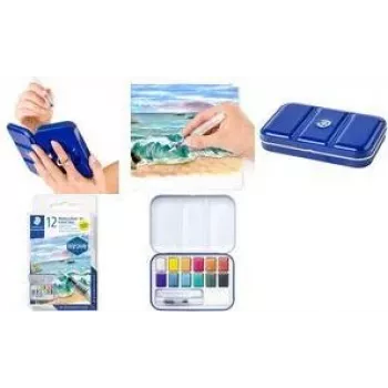 STAEDTLER 888M M12-C set acquerelli metallizzati, 12 colori in scatola metallica con tavolozza e anello per dito