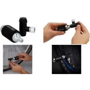 FISCHER pompa a mano per bicicletta con gonfiatore CO2, testa valvola universale per Schrader, Dunlop, Presta, 8 bar, nero/argento 50392