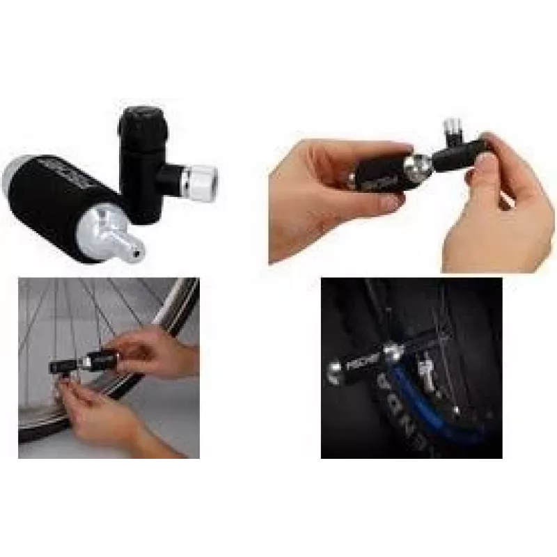 FISCHER pompa a mano per bicicletta con gonfiatore CO2, testa valvola universale per Schrader, Dunlop, Presta, 8 bar, nero/argento 50392
