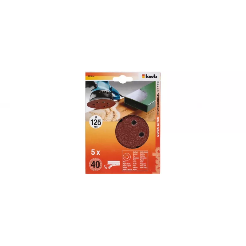 kwb 491904 dischi abrasivi 125 mm P40 confezione da 5 con velcro 8 fori