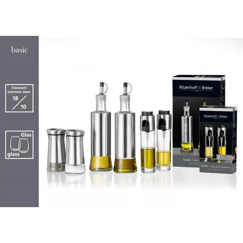 Ritzenhoff & Breker BASIC set bottiglie aceto e olio, vetro con rivestimento in acciaio inox, 250 ml, 2 pezzi 823523