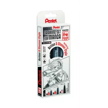 Pentel Manga Action set penne fineliner, nero, 3 penne (0,05/0,2/0,8 mm) in astuccio MNG3PCS-AC