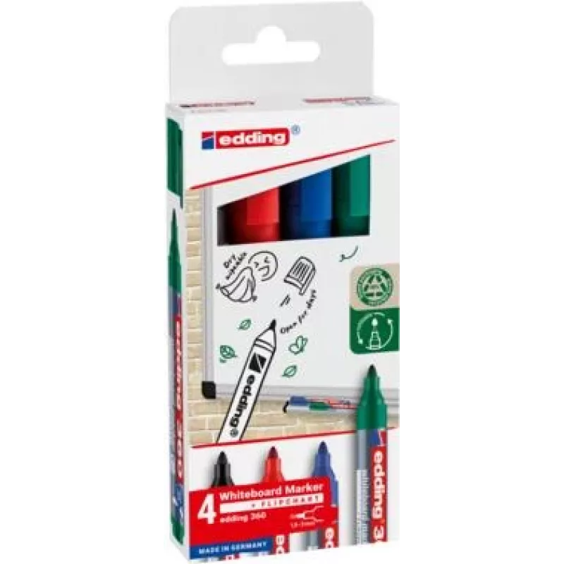 EDDING 360 pennarello per lavagna bianca, colori assortiti, 1,5-3,0 mm, 4 pezzi (4-360-4-2)