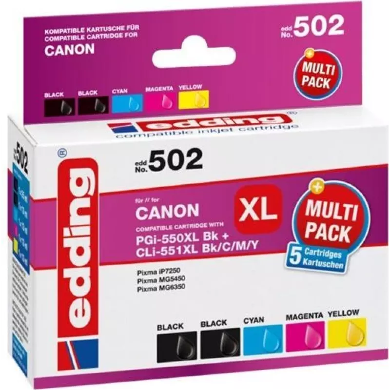Edding EDD-502 E cartucce d'inchiostro compatibili multi-pack per Canon PGI-550PGBK XL, CLI-551 C/M/Y XL (nero, ciano, magenta, giallo)