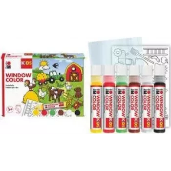 Marabu KiDS Window Color set Farm, 6 x 25 ml colore per finestre staccabile, a base d'acqua, rimovibile, 1 set (0306000000006)