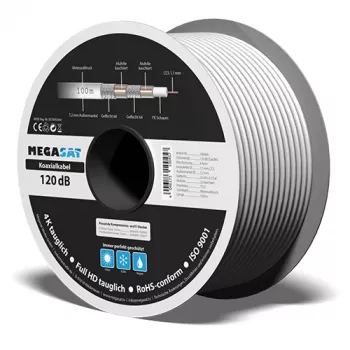 Cavo coassiale Megasat 100 m, schermatura a quattro strati, 120 dB, 75 Ohm, tipo F Ready 100066