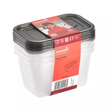 keeeper fredo fresh set contenitori per conservazione, 4 x 0,75 L, rettangolari, trasparenti con coperchi grigi 3067382700000