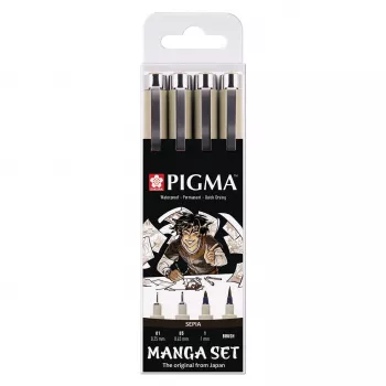 SAKURA Pigma Micron Manga Set seppia set 4 pezzi fineliner e pennarello a pennello in custodia riutilizzabile POXSDKMAN4