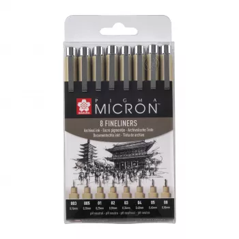 SAKURA Pigma Micron set di fineliner, 8 pezzi, nero, varie dimensioni punta da 0,15 mm a pennello POXSDK8