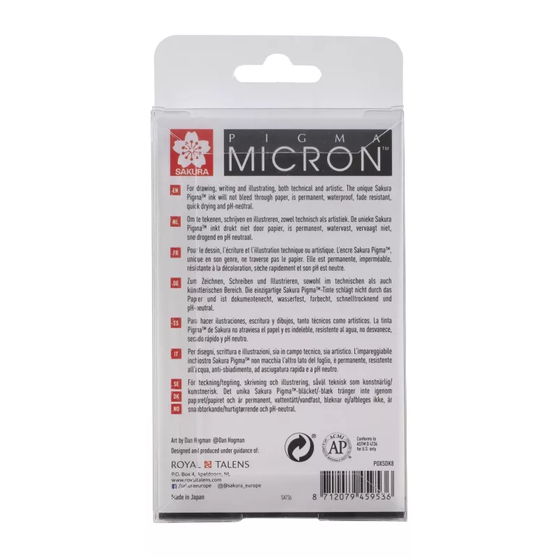 SAKURA Pigma Micron set di fineliner, 8 pezzi, nero, varie dimensioni punta da 0,15 mm a pennello POXSDK8