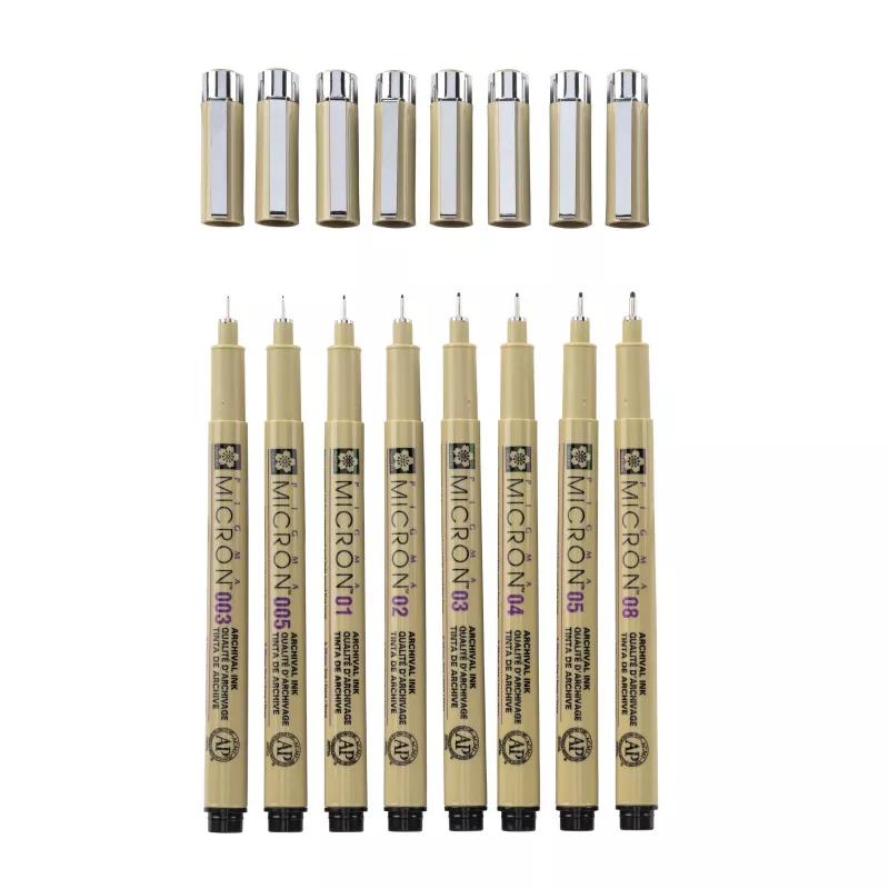 SAKURA Pigma Micron set di fineliner, 8 pezzi, nero, varie dimensioni punta da 0,15 mm a pennello POXSDK8