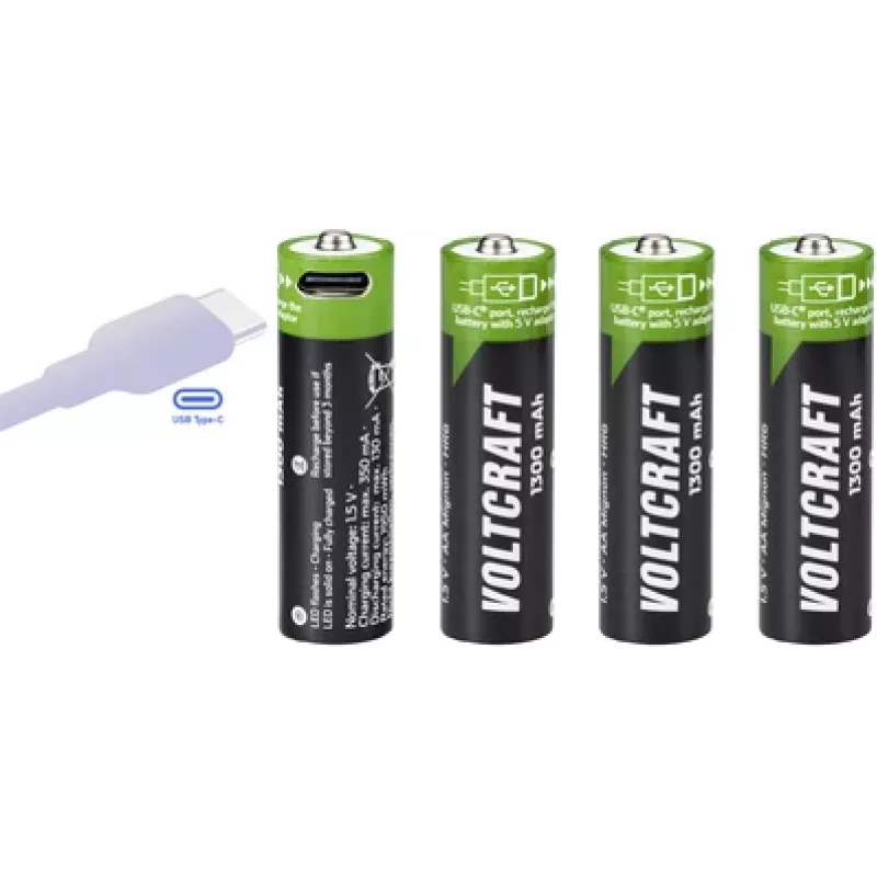 Voltcraft VC-AA1300USB batterie AA Li-Ion ricaricabili USB-C 1300 mAh 1,5 V, confezione da 4