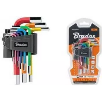 Bradas set di 9 chiavi a brugola, acciaio S2, multicolore, metriche 1,5-10mm, forma a L, con codice colore, DIY-HKH42-SH/B