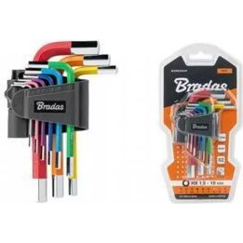Bradas set di 9 chiavi a brugola, acciaio S2, multicolore, metriche 1,5-10mm, forma a L, con codice colore, DIY-HKH42-SH/B