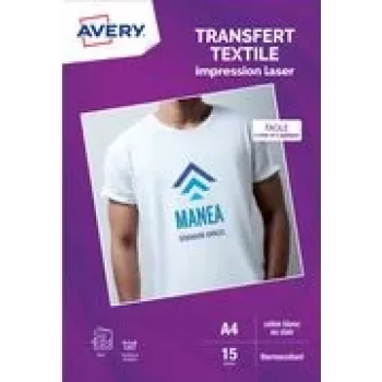Avery Carta transfer per T-shirt A4 bianca per tessuti chiari, stampanti laser, 15 fogli (C9403-15)