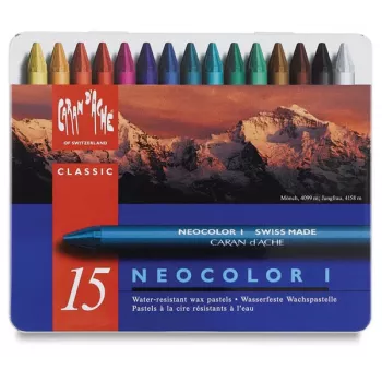Caran d'Ache Neocolor I pastelli a cera, 15 colori diversi, tondi, involucro di carta, scatola metallica 7000.315