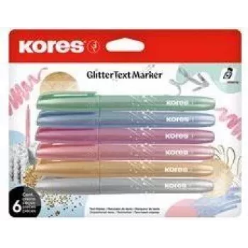 Kores set evidenziatori glitter, punta a cuneo 3-5 mm, 6 colori glitter brillanti, a base d'acqua, ad asciugatura rapida, resistente allo sbavamento, tappo ventilato, non tossico TM36300