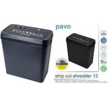 PAVO distruggidocumenti a taglio a strisce 12 fogli, strisce 6 mm, imboccatura 220 mm, contenitore 18 L, nero (8000784)