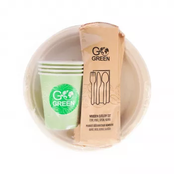 GOGREEN set di stoviglie da picnic compostabili per 4 persone, 24 pezzi, di origine vegetale, bianco naturale
