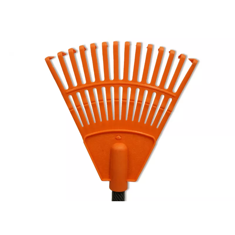 HORTUS Rastrello piccolo a mano con manico, arancione, testa 20 cm, 14 denti