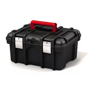 KETER DIY Valigetta portautensili 16, 41,9 x 32,7 x 20,5 cm, nero con accenti rossi, impilabile, chiusure in metallo, vassoio estraibile