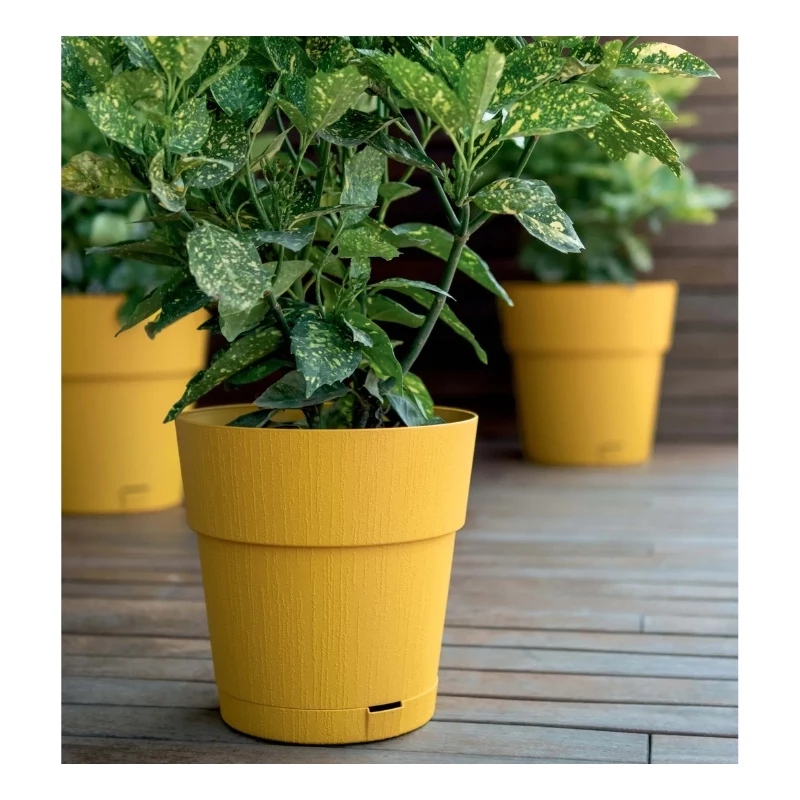 STEFANPLAST Ethica Vaso rotondo con sottovaso, 25 cm, giallo senape