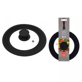 ASI COLLECTION coperchio universale con bordo in silicone 3-in-1, Ø16/18/20cm, vetro temperato, silicone nero